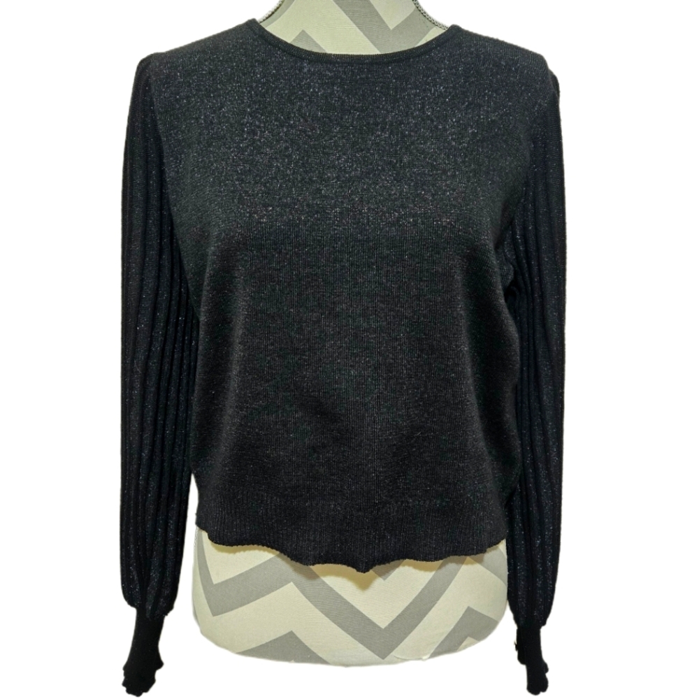 Nanette Lepore Black and Silver Sparkle Knit Sweater Ribbed Sleeves Size Large